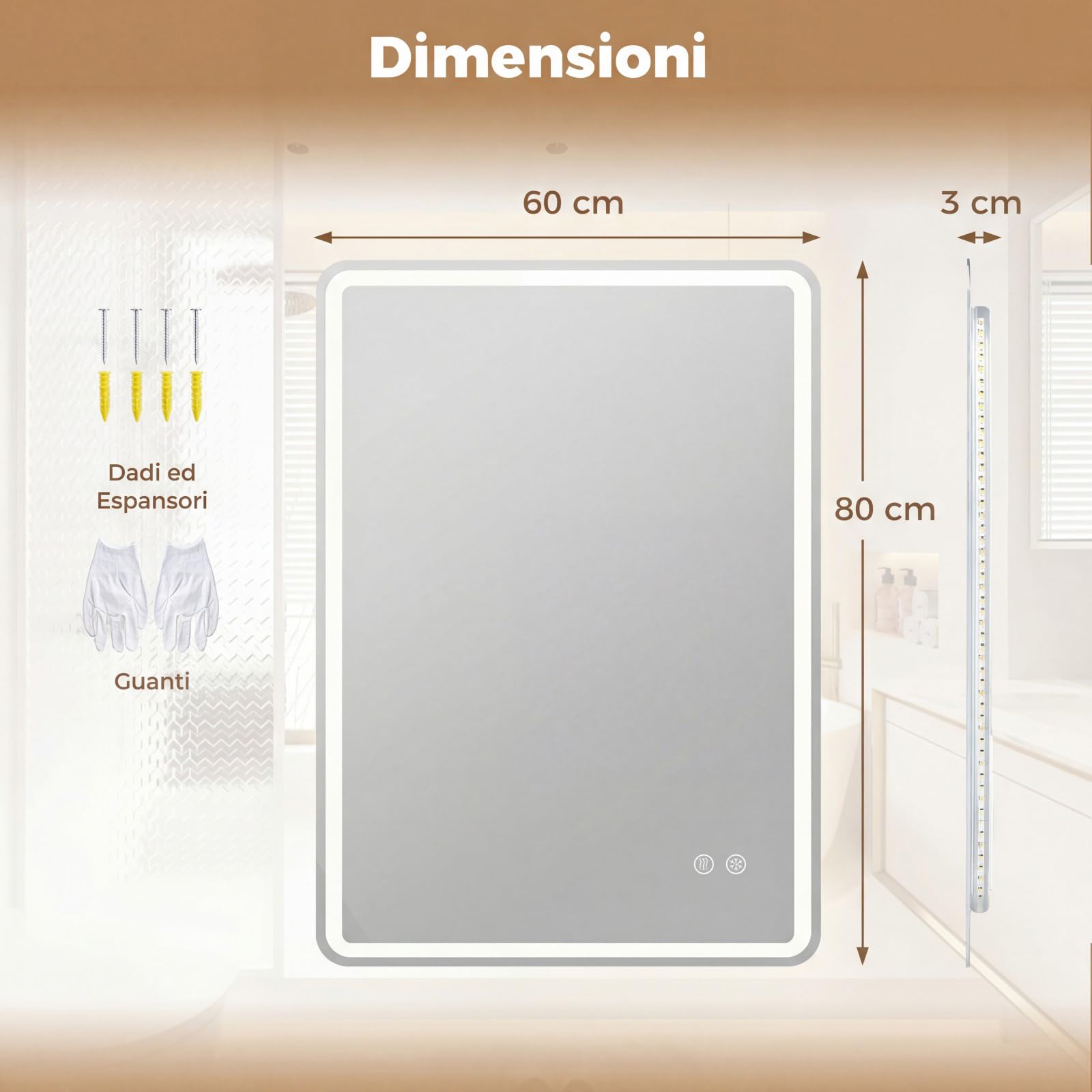 COSTWAY Specchio Bagno Rettangolare con Luce 80 x 60 cm | Speccho da Parete Retroilluminato Dimmerabile con 3 Colori di Illuminazione e Anti-Appannamento, Vetro Temperato Antiesplosio
