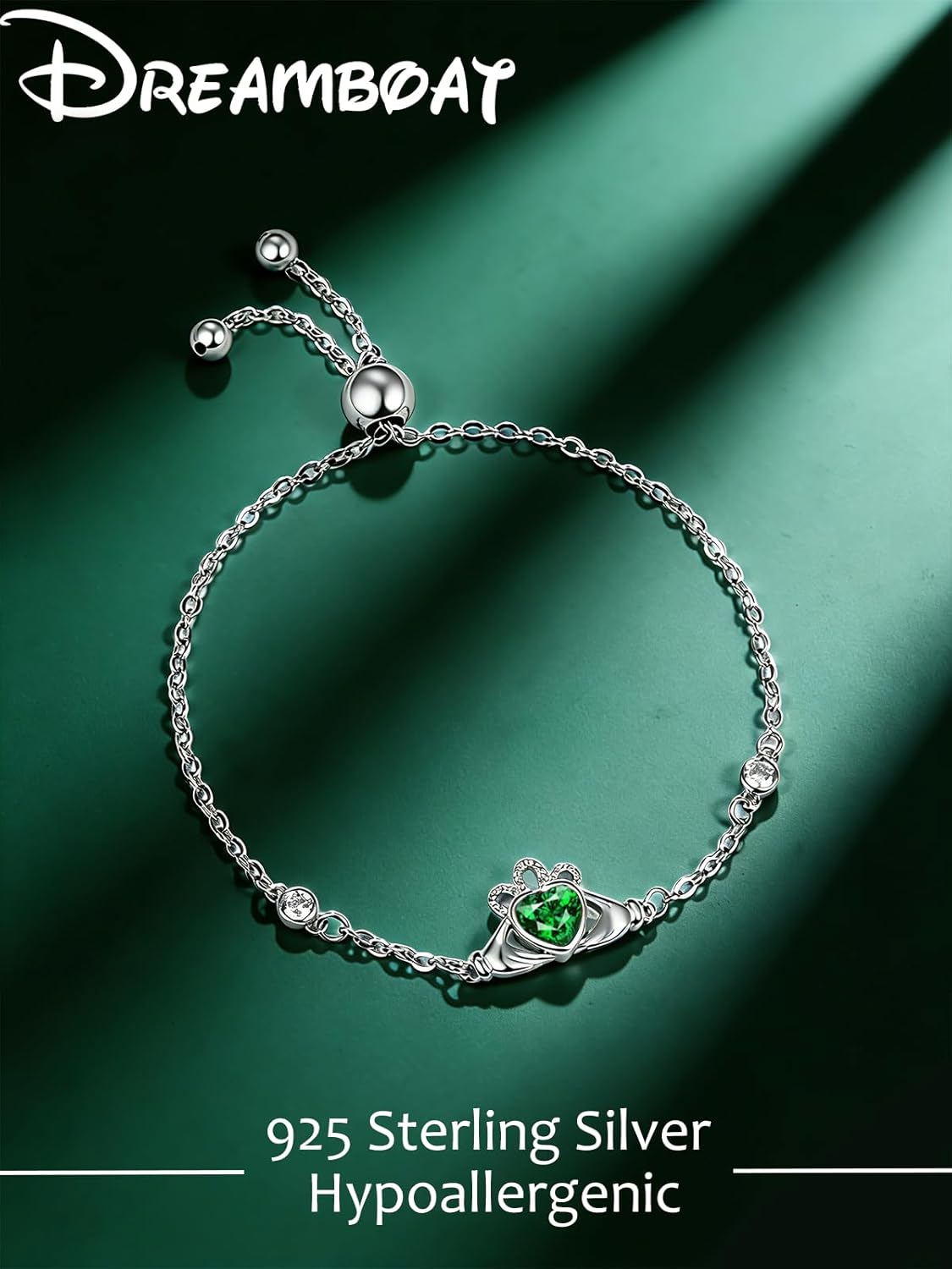 Dreamboat Sterling Silver Claddagh Bracelet for Women Irish Bracelet Green Emerald May Birthstone Luck Scottish Jewelry Irish Gift