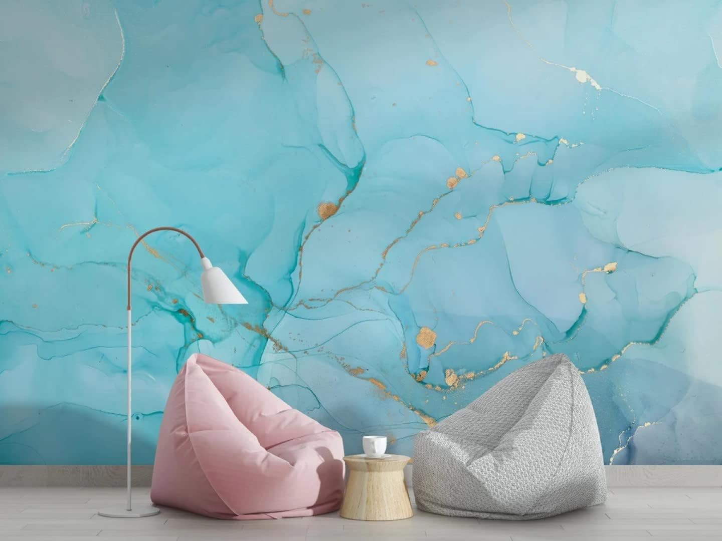 Abstract Light Blue Mixing Acrylic Paints Marble Peel and Stick Wallpaper 100''H x 150''W