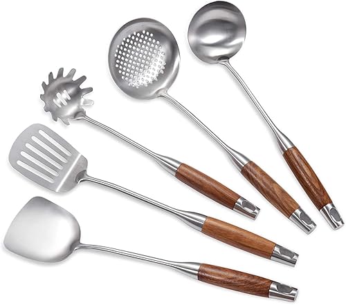 IQCWOOD Juego de utensilios de cocina, 5 piezas de utensilios de madera para cocinar, utensilios de cocina de acero inoxidable, juego de