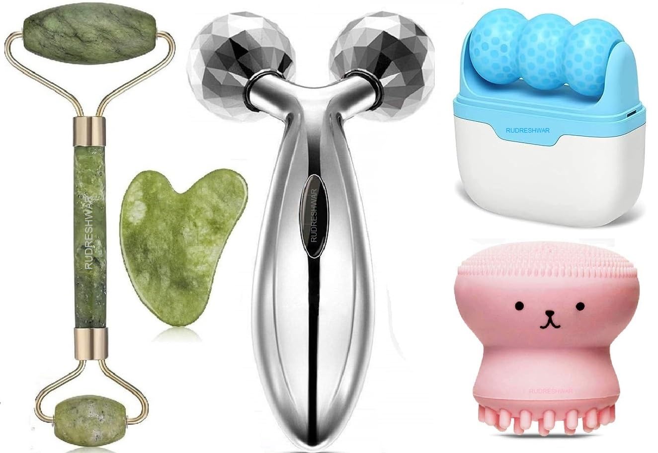 RUDRESHWAR 100% Natural Jade Roller With Gau Sha Stone, 3D Roller Massager, Octopus Brush, 2-in-1 Ice Roller Face Massage & Ice Facial Roller For Puffy Eyes, Shrink Pores & Tighten Skin Tool (B0D944YR8M) Amazon Price History, Amazon Price Tracker