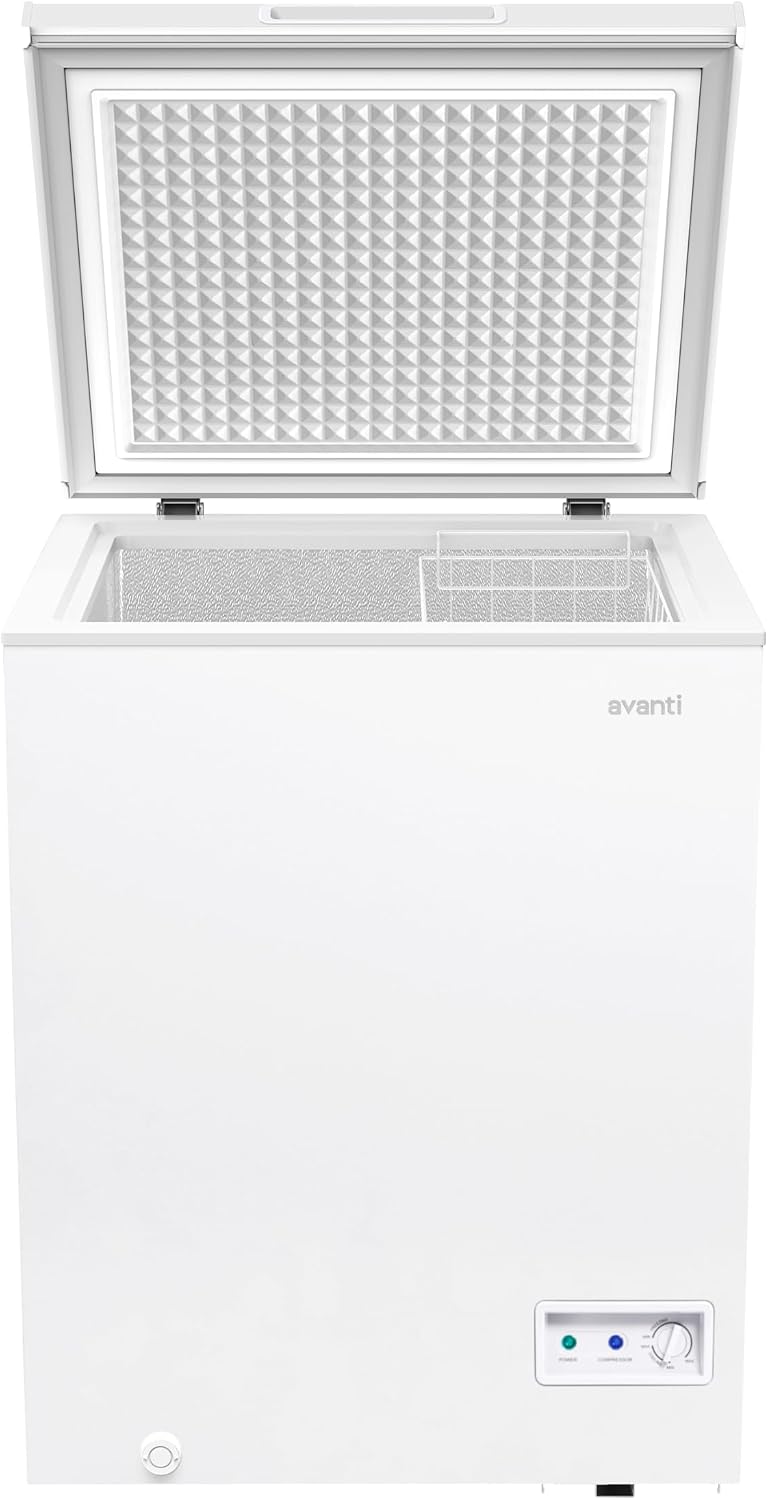 Avanti 3.5 Cu. Ft. Garage Ready Chest Freezer with Removable Storage Basket, External Temperature Control, Manual Defrost, Power Indicator Light, White
