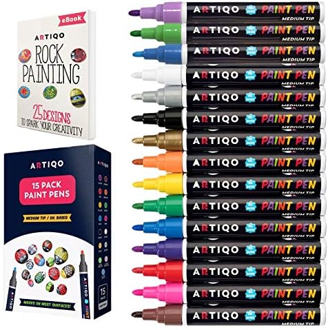ARTIQO Paint pens for rock painting - Wood, Glass, Metal and Ceramic Works on almost all surfaces set of 15 Vibrant Medium tip Oil Paint Marker Pens, Quick Dry, Water Resistant