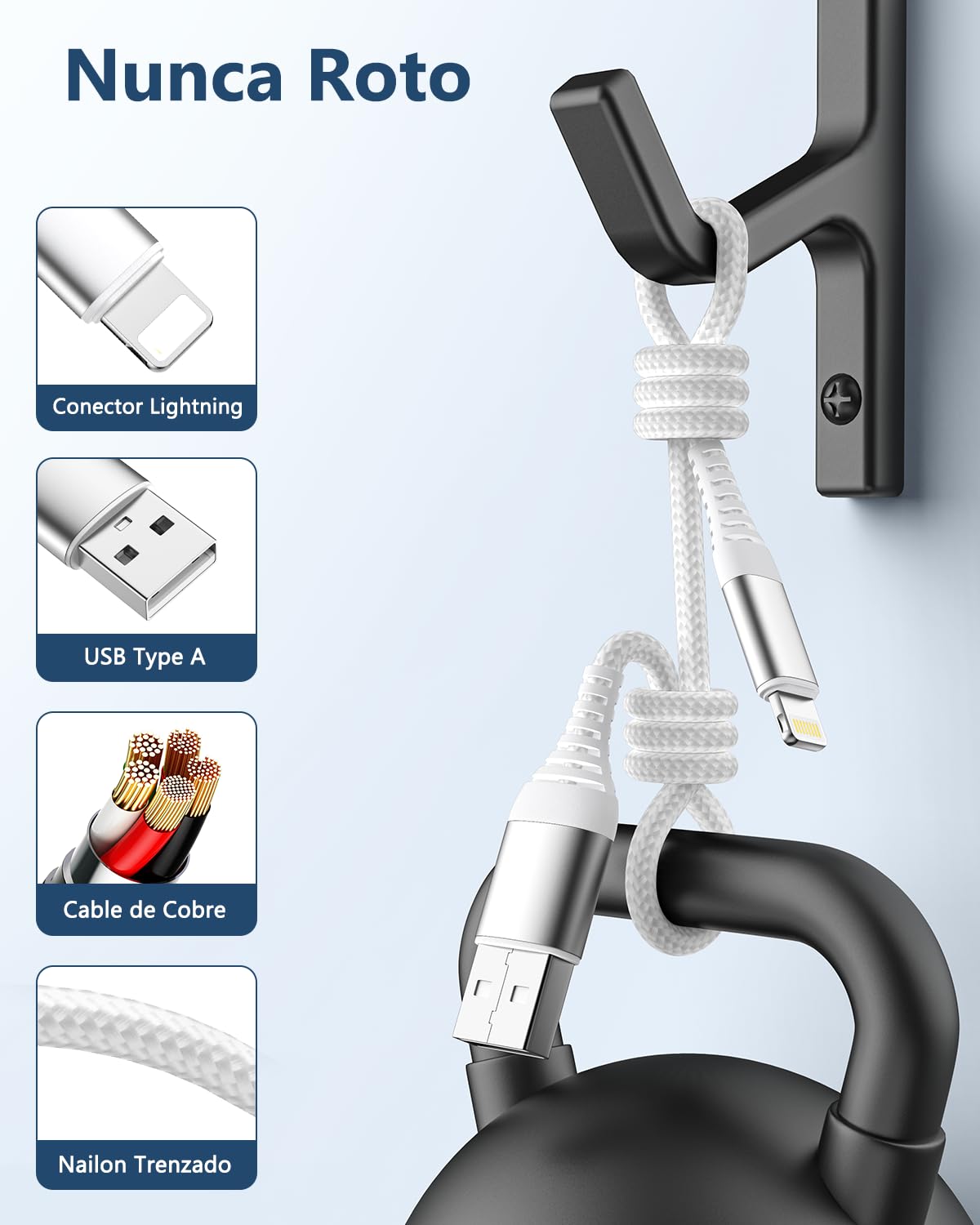 LumFocus 1M+2M Cable Cargador iPhone Carga Rápida,[MFi Certificado],Cable iPhone Carga Rápida Nylon Trenzado Cable USB-A a Lightning para iPhone 14 13 12 11 Pro Max Mini XS XR X 8 7 6s 6 Plus SE,iPad — view 3