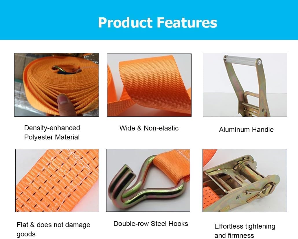 1 Set 2 Inch Cargo Ratchet Straps，3.3-82' Long Heavy Duty Tie Down Straps Ratchet with Double J Hook for Moving Truck Trailers Kayaks Car Roof(Yellow,L 6.6')