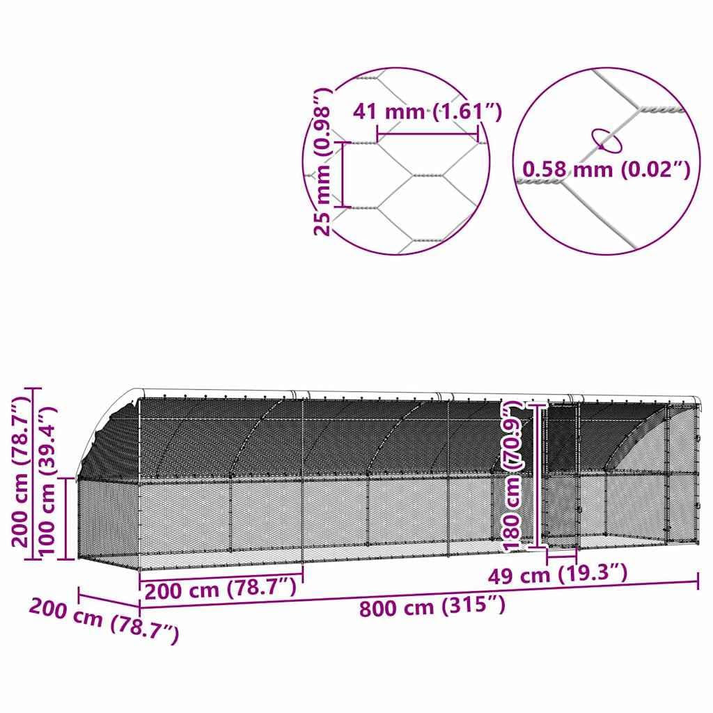 Klatka dla kurczaka z ocynkowanej stali, 4 sztuki, 800 x 200 x 200 cm, z wodoszczelnym daszkiem z siatki i zamykanym systemem ryglowania dla bezpiecznego wybiegu na zewnątrz i ochrony przed