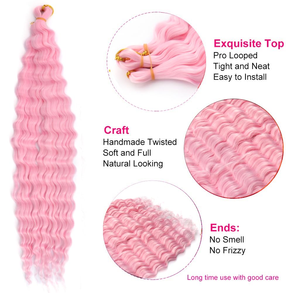 YEESHEDO 3 Packs Ocean Wave Crochet Braids Hair Extensions for women,Long Deep Wavy Pink Curly Synthetic Hair Boho Braiding Locs Crochet Hair,22inch - Image 2