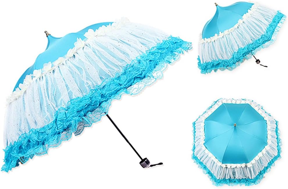 Honeystore Pagoda Parasol 3 Folding Lace Totes Sun Rain Wedding Ruffle Umbrella Blue