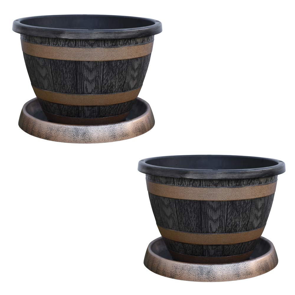 Thompson & Morgan Wooden Barrel Effect Pot & Saucer Set - Black/Gold - Plastic - 39cm Diameter