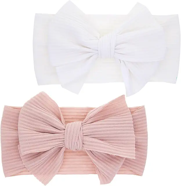 Fascia Capelli Neonata LABUYI - 2 Pezzi Elastica con Fiocchi, Regalo Bambini Bianco e Rosa