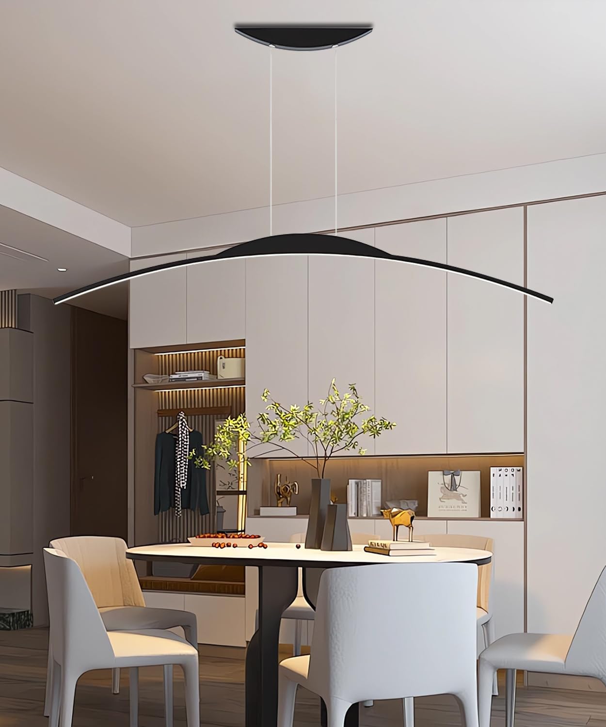 Modern LED Pendant Lamp 100cm Curved Pendant Light Dimmable Hanging Light with Remote Control Height Adjustable Dining Hanging Light Black Acrylic Lighting for Kitchen Bar Office (Black, 150cm)