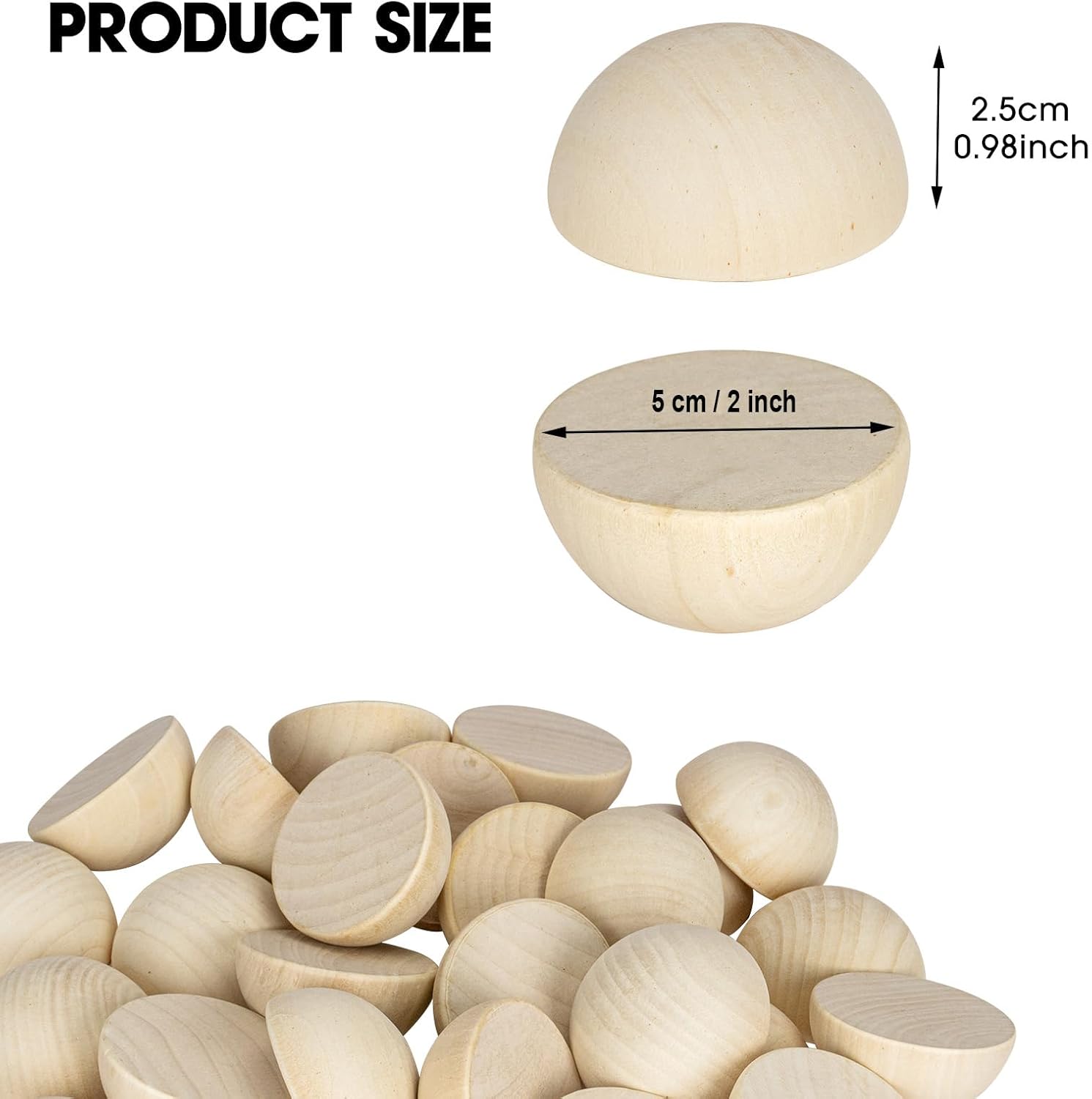 30PCS 2 inch Unfinished Round Wood Half Sphere Balls, 50mm Small Natural Wooden Half Split Balls for Crafts and DIY Decorative Projects
