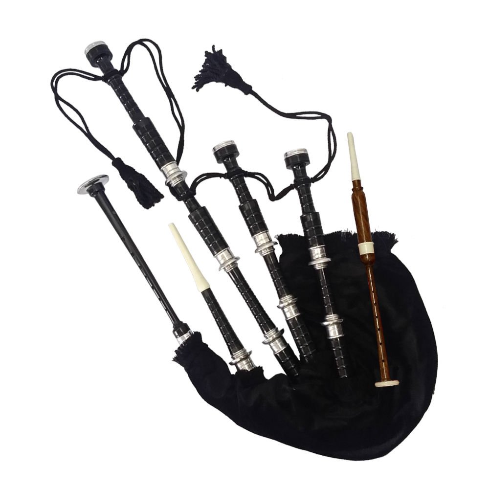 Cornemuse écossaise en palissandre, monture argentée, finition noire, avec accessoires Full Size 40 x 20 Black, Black Velvet