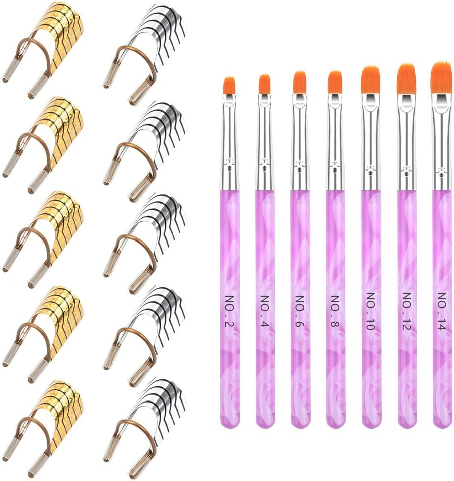 Iyowei 10 PCS Reusable Nail Extension Forms + 7 PCs Brush, Extension Guide Tool, Reusable Acrylic Nail Tips & Manicure Accessory