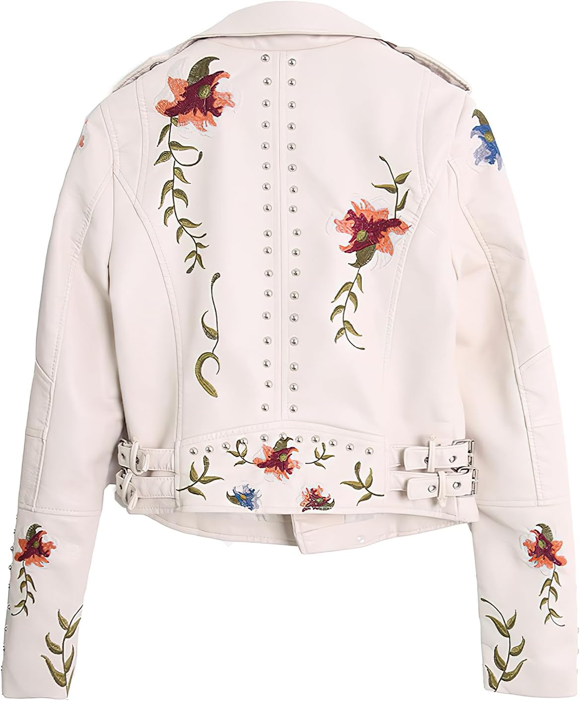ebossy Women's Notched Collar Floral Embroidery Faux Leather Moto Biker Jacket