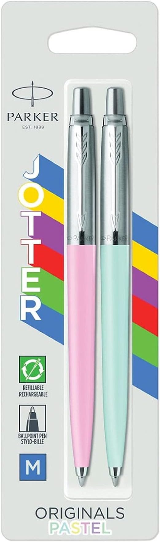 Parker Jotter Originals Ballpoint Pen Pastel Collection | Pink & Blue 50s Finishes | Medium Point | Blue Ink | 2 Count