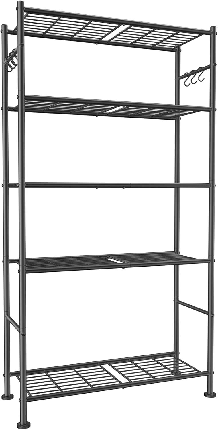 Sakugi Storage Shelves - 3-Tier Large Capacity Shelf Organizer with Hooks, Heavy-Duty Garage Shelving with Leveling Feet, Wobble-Free Rack for Bedroom, Balcony, Garage, 18.1"×12.4"×29.4", Black