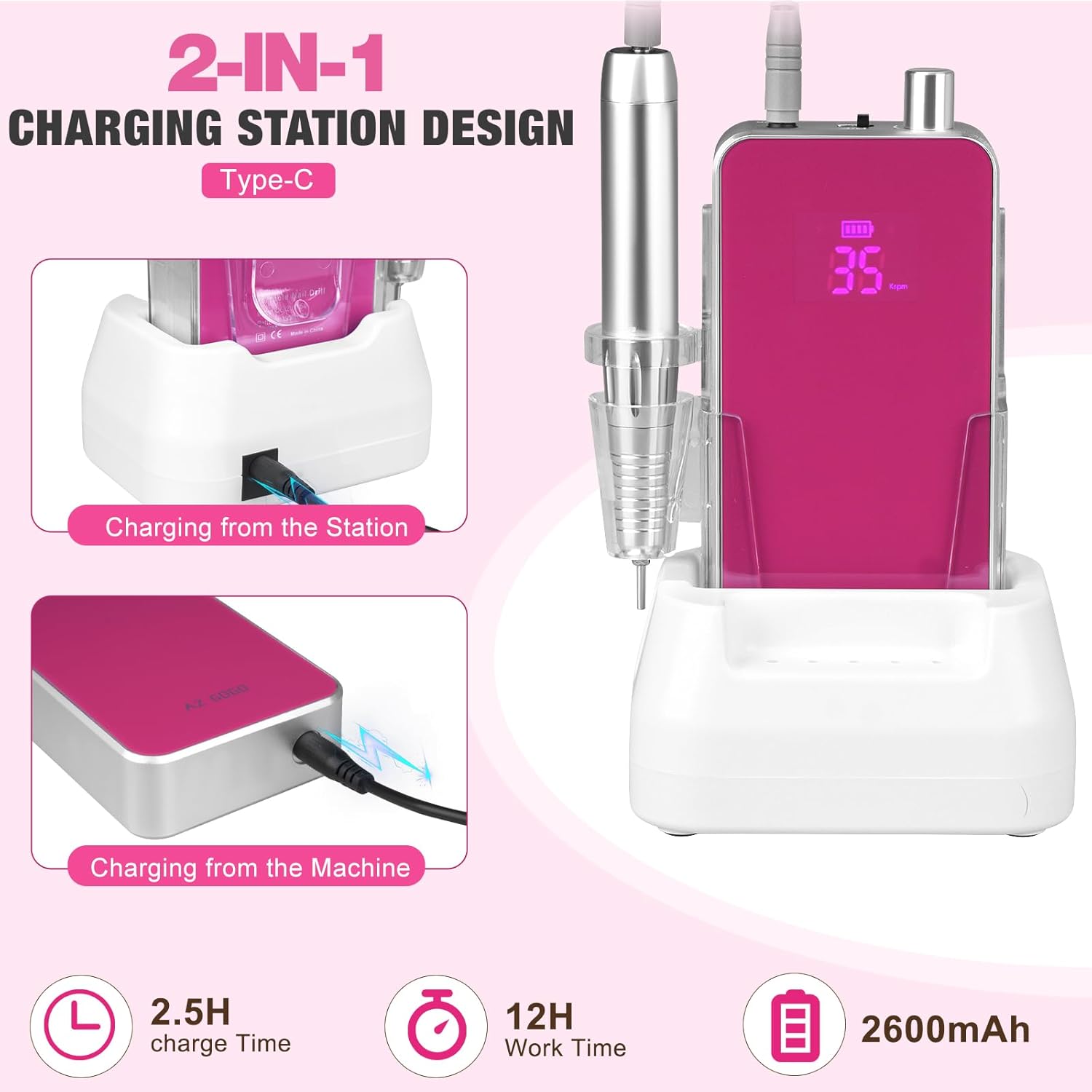 Professional Portable Nail Drill, 2-in-1 AZ GOGO 35000RPM Rechargeable Electric Cordless Nail Drills for Acrylic Gel Nails - Updated Coreless Motor Quieter, High Efficiency for Salon Level Pro E-File
