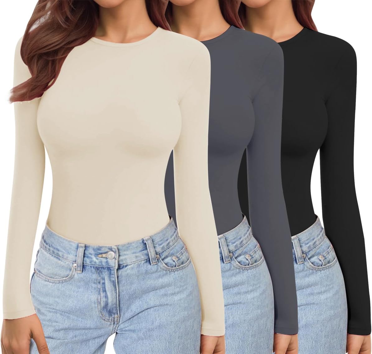 Ekouaer Womens 3 Pack Long Sleeve Shirts Crew Neck Stretch Fitted Underscrubs Trendy Basic Tops Lightweight Thermal Tee