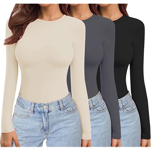 Ekouaer Womens 3 Pack Long Sleeve Shirts Crew Neck Stretch Fitted Underscrubs Trendy Basic Tops Lightweight Thermal Tee Black/Darkgrey/Beige XL