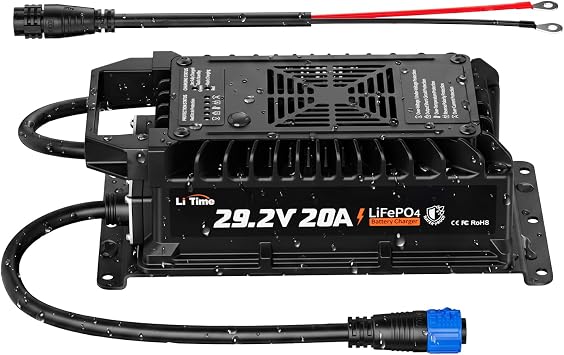 LiTime 24V 29.2V 20A Lithium Battery Charger, IP67 Waterproof 24V LiFePO4 Battery Charger with Battery Activation, Smart 3-Stage AC-DC Charger for RV, Marine, Trolling Motor & Off-Grid