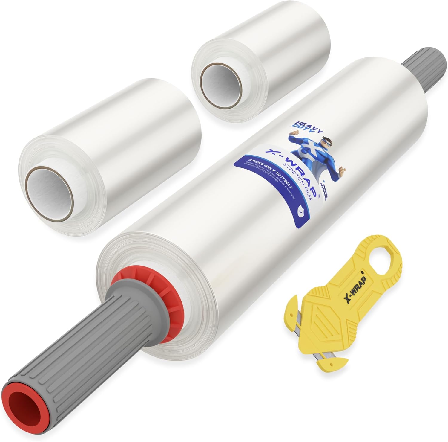 Stretch Wrap with Rotating Handles, 15 Inch x 1000 Ft 60 Gauge, 1 Roll, Bonus 2 Mini Rolls & Safety Cutter, Industrial Pallet Wrap for Moving, Furniture, Packing, Warehouse