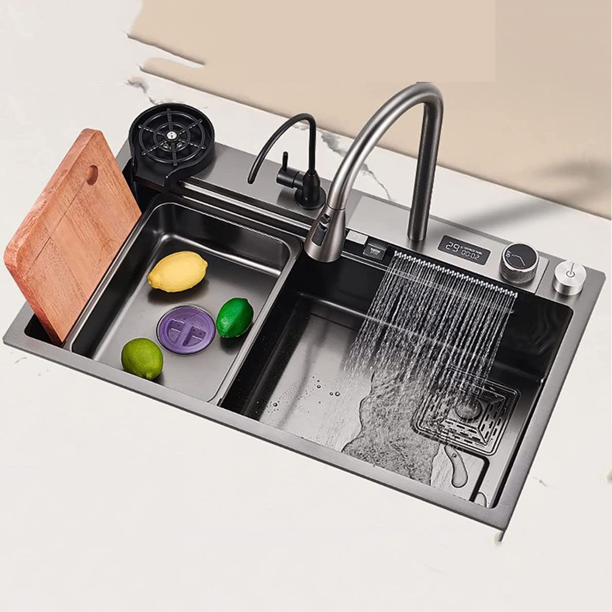 Lavello da Cucina, Lavello per Uso Domestico, Lavello A Cascata in Acciaio Inox, con Accessori di Scarico, Lavello per Piatti, Lavello Singolo, Lavello per Postazione di