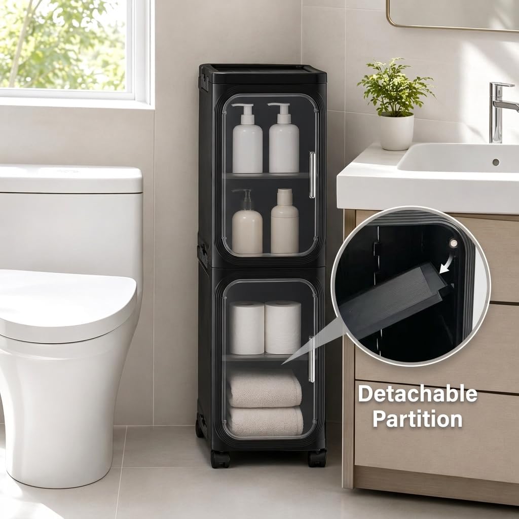 3 Tier Slim Bathroom Storage Cabinet with Wheels, Black, Easy to Install | Magnetic Door, Plastic, PET, ABS, Adjustable Shelves, Storage for Narrow Spaces, Foldable,Lockable Wheels