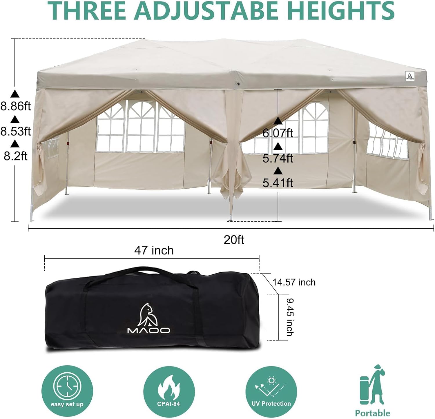 MAOO 10x20 Pop Up Canopy Tent with Transparent PVC Windows & Pinch-Free Thumb Latch, Heavy Duty Party Tent with 6 Removable Sidewalls for Outdoor Parties Weddings and Trade Shows, Beige