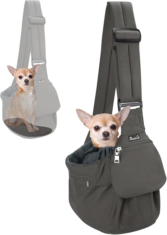 Transportín para mascotas, soporte inferior duro y correa acolchada ajustable para el hombro | Portabebés para perros, bolso para perros con apertura de cordón y cinturón de seguridad, bolsillo con cremallera, para cachorros pequeños de hasta 9 libras, gris