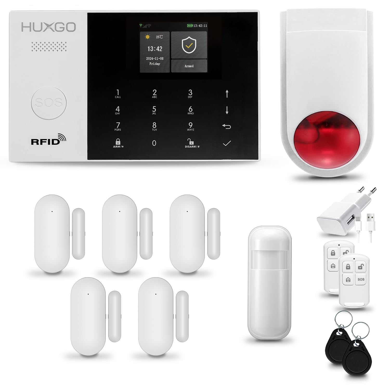 HXA005 Allarme casa senza fili WiFi + GSM con wireless Sirena | Kit allarme con 1x rilevatore di movimento, 5x sensori per porte e finestre, telecomando | TUYA Smartlife App