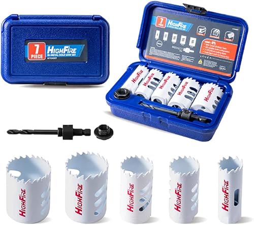 HIGHFIRE Bi-Metal Hole Saw Kit, 7-Piece Hole Saw Set 7/8",1",1-1/8",1-1/4" and 1-1/2" Hole Saw with Mandrels for Metal, Wood, Plastic, PVC and Drywall