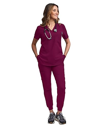 Miniatura 6 de Green Town Conjunto de ropa quirúrgica para mujer, pantalón deportivo y parte superior con cuello en V, 5 bolsillos, cintura de yoga, uniforme de