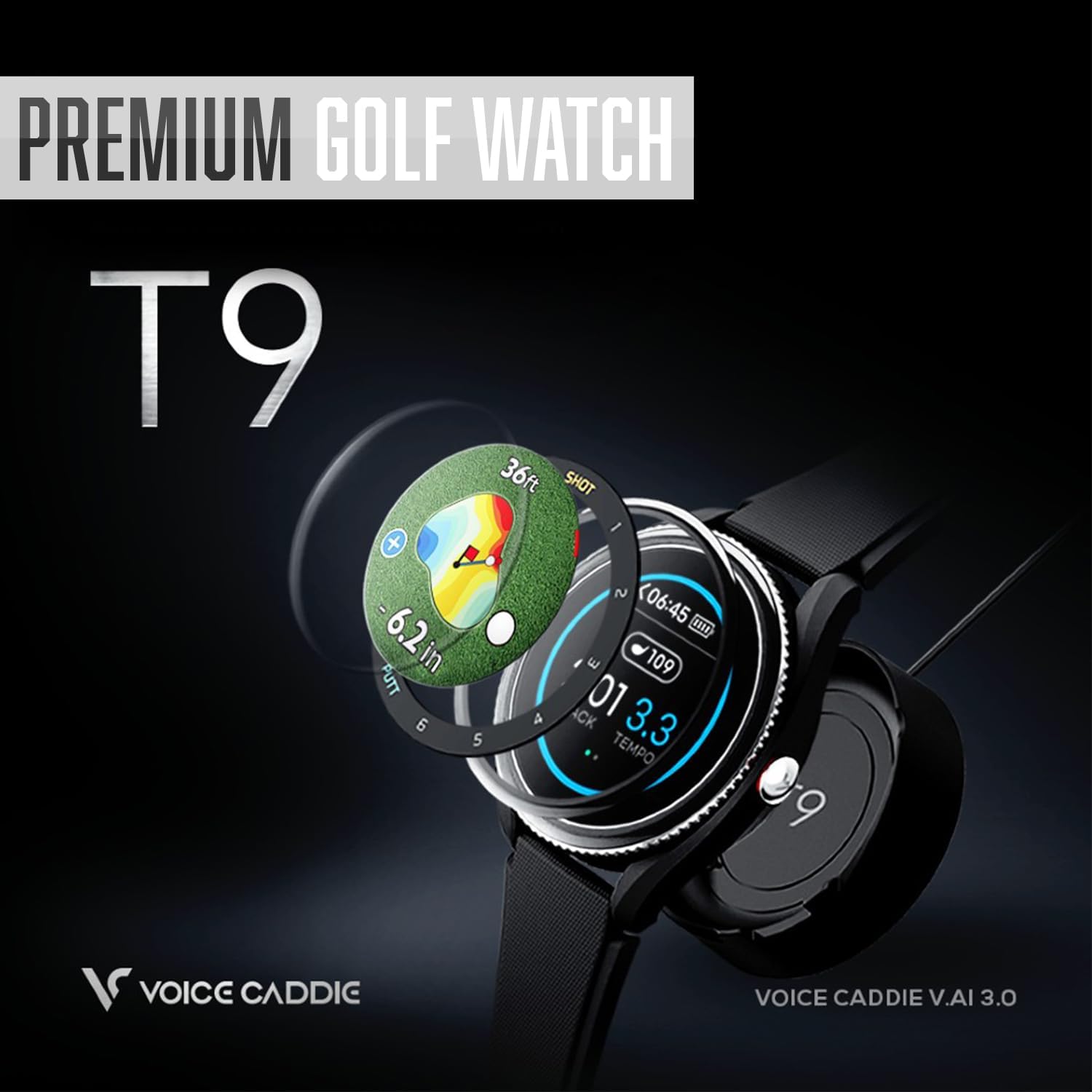 Voice Caddie T9 Premium GPS Golf Watch/Slope Mode/Color Touchscreen/Course View/Green Undulation/Swing Tempo/Auto Score Record /40K Courses