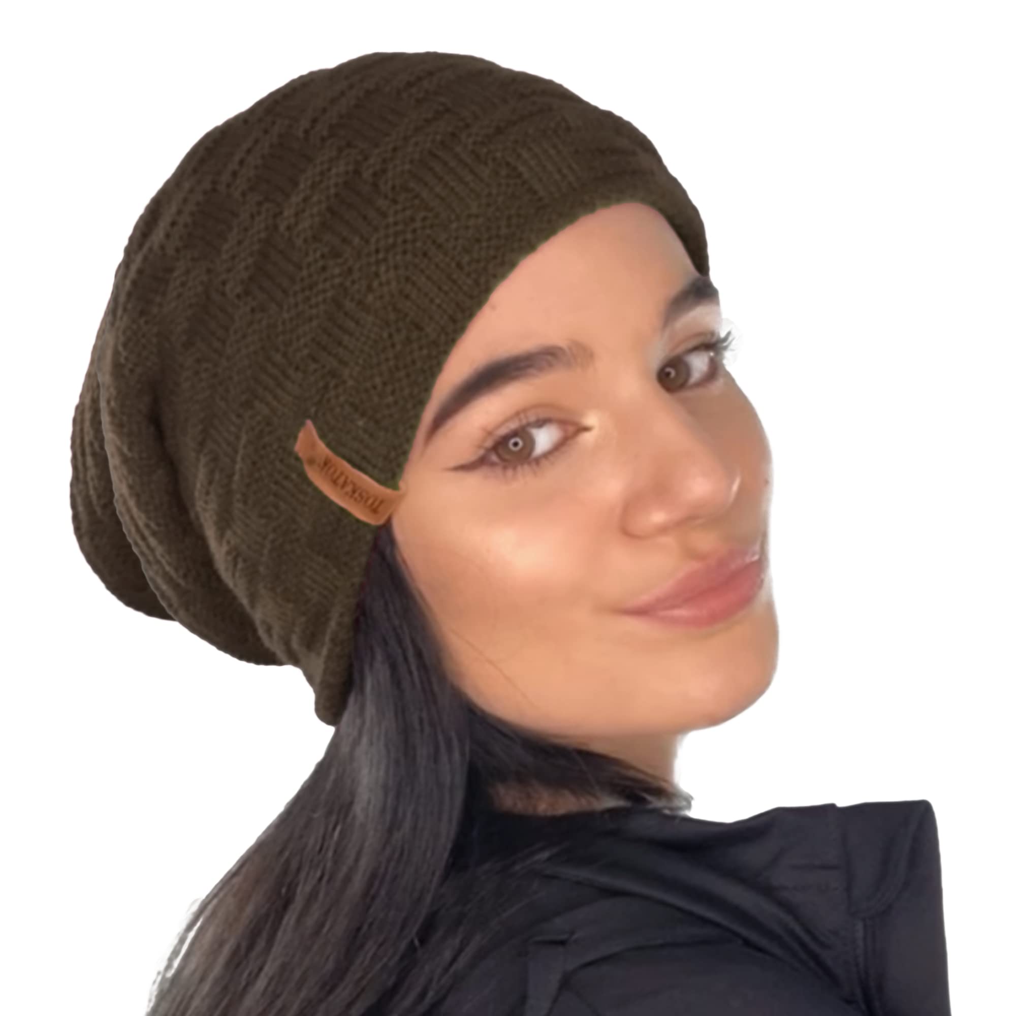 Toskatok Women's Olive Toskatok® Mens Unisex Warm Winter Textured Knit Slouch Beanie Hat With Cosy Faux Fur Teddy Fleece Liner