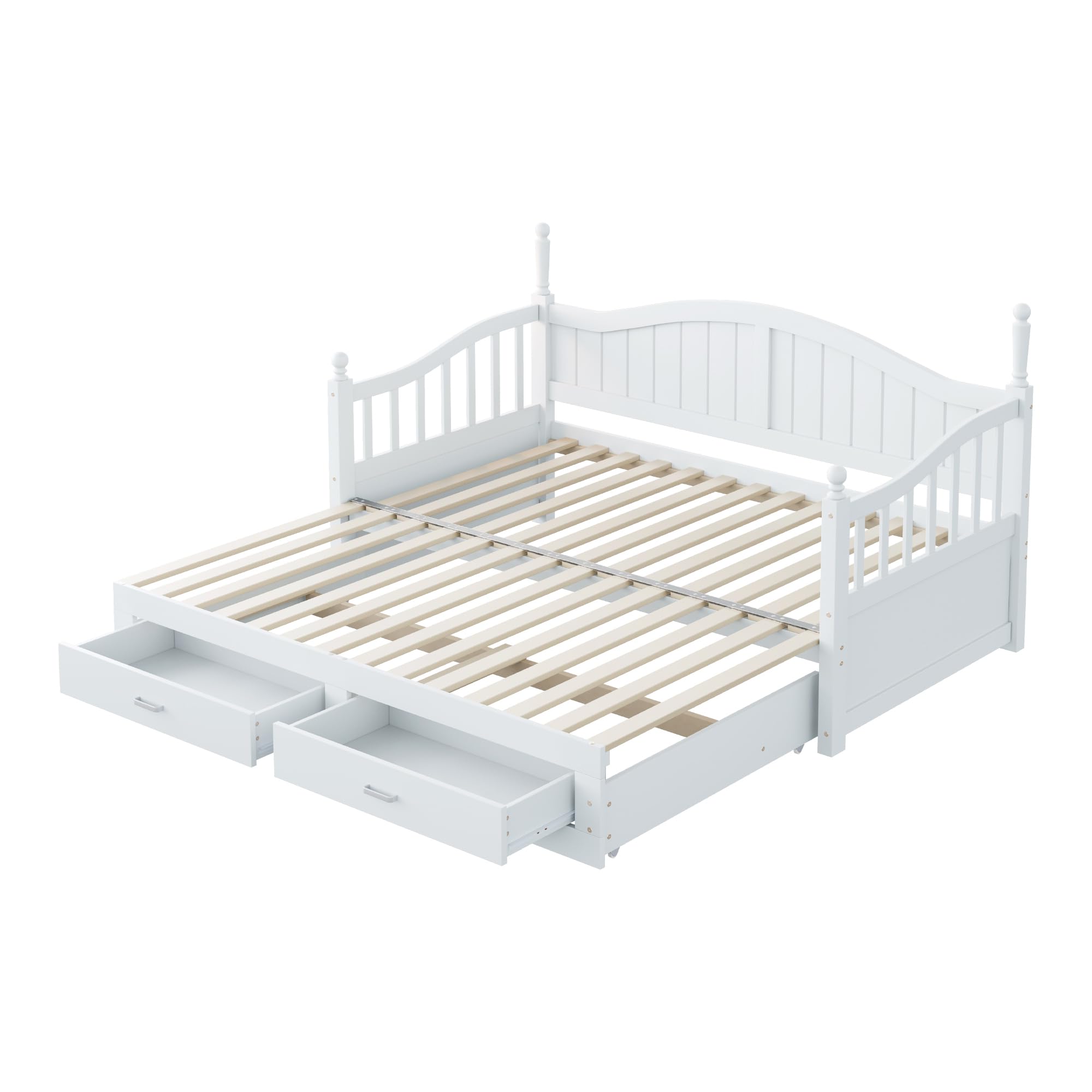 Kebnor Sofá cama extensible de madera maciza 90/180 x 190 cm, con columnas romanas, con respaldo y reposabrazos curvados, con cajones y somier (blanco)