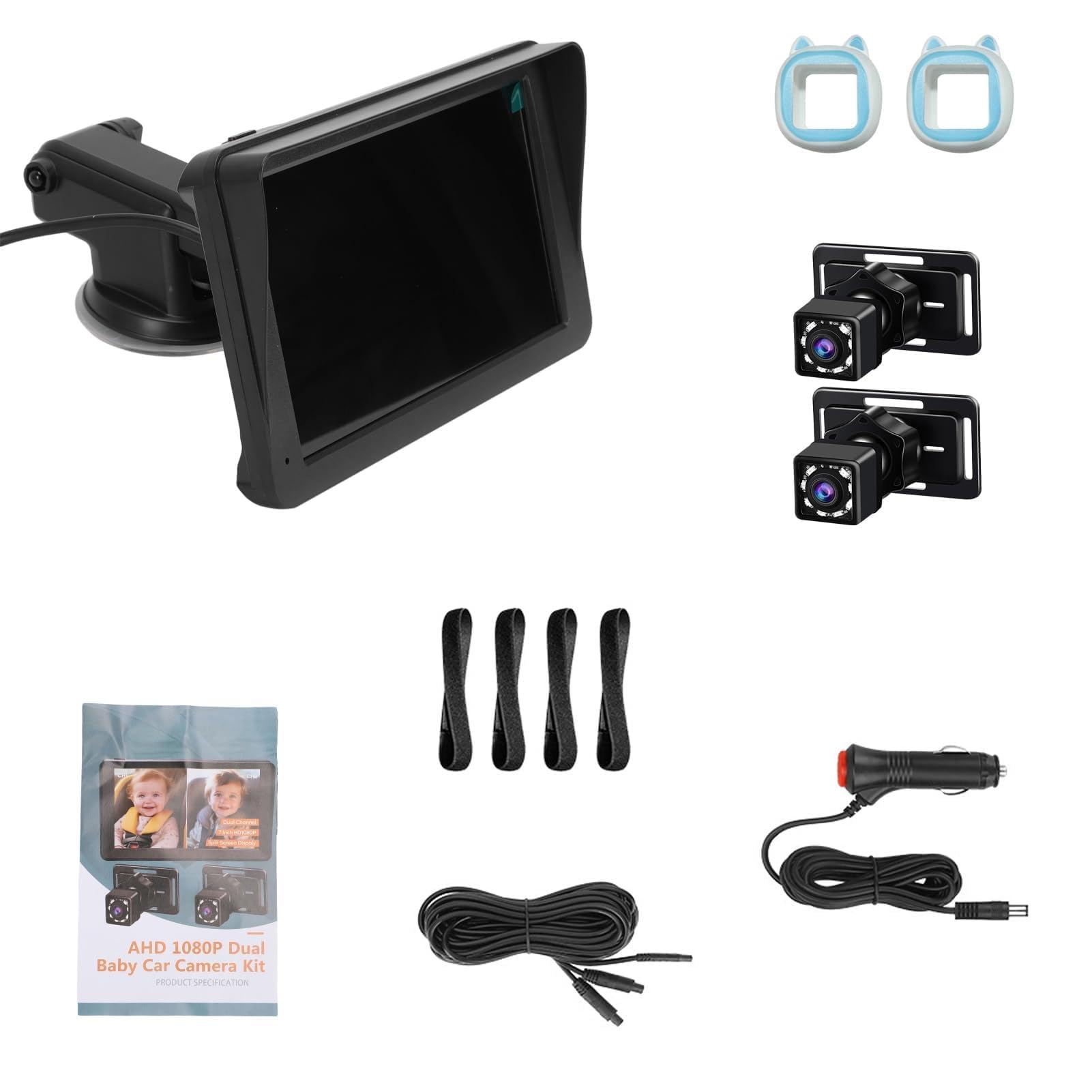 Cámara de Espejo para Automóvil para bebé de 7 Pulgadas, Pantalla IPS HD de 1080P con Rotación de 360 ​​Grados, Visión Gran Angular de 150 y Visión Nocturna, para Monitor de (Azul y Blanco)