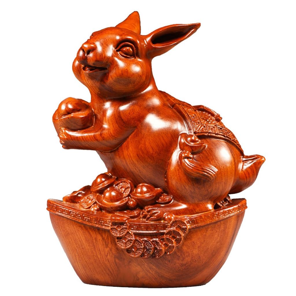 ATREDESES Office Decor Wooden Rabbit Ornament Solid Wood Rabbit Carving Home Living Room Decoration Mahogany Crafts Home Decor(5.9in)