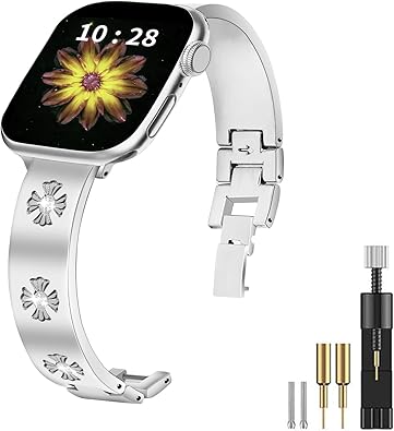JOYOZY Metal Band Compatible with Apple Watch Band 38mm 40mm 41mm 42mm 44mm 45mm 49mm Fancy Luxury Strap with Sparkle Diamond, Dressy iWatch Bracelet, Cute Daisy Band for Women