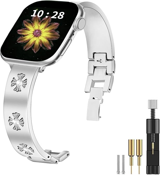 JOYOZY Metal Band Compatible with Apple Watch Band 38mm 40mm 41mm 42mm 44mm 45mm 49mm Fancy Luxury Strap with Sparkle Diamond, Dressy iWatch Bracelet, Cute Daisy Band for Women