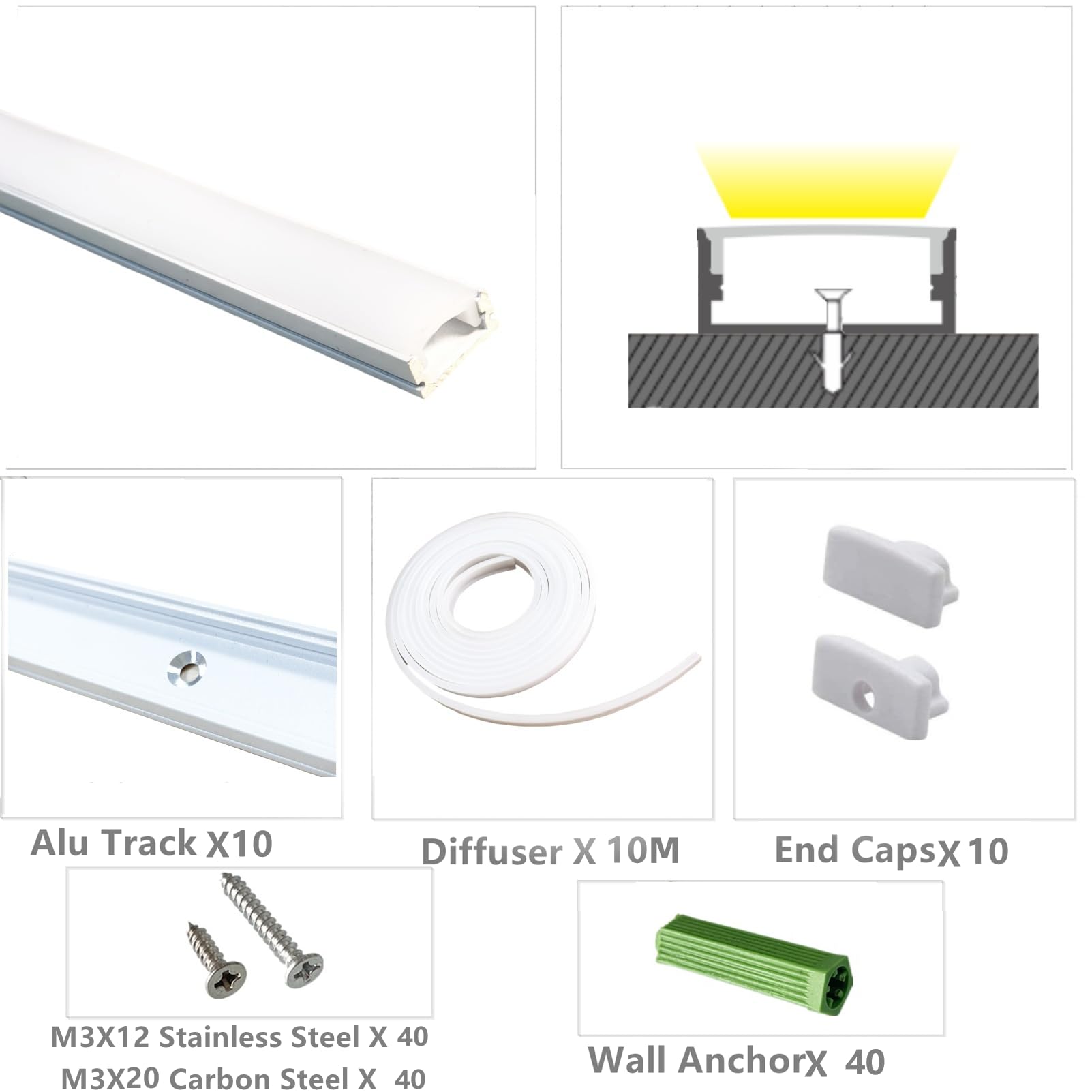 Diffuser Tracks LED Strip Mounting LED Strip White U Channel Diffuser 10-Pack, 3.3FT ...
