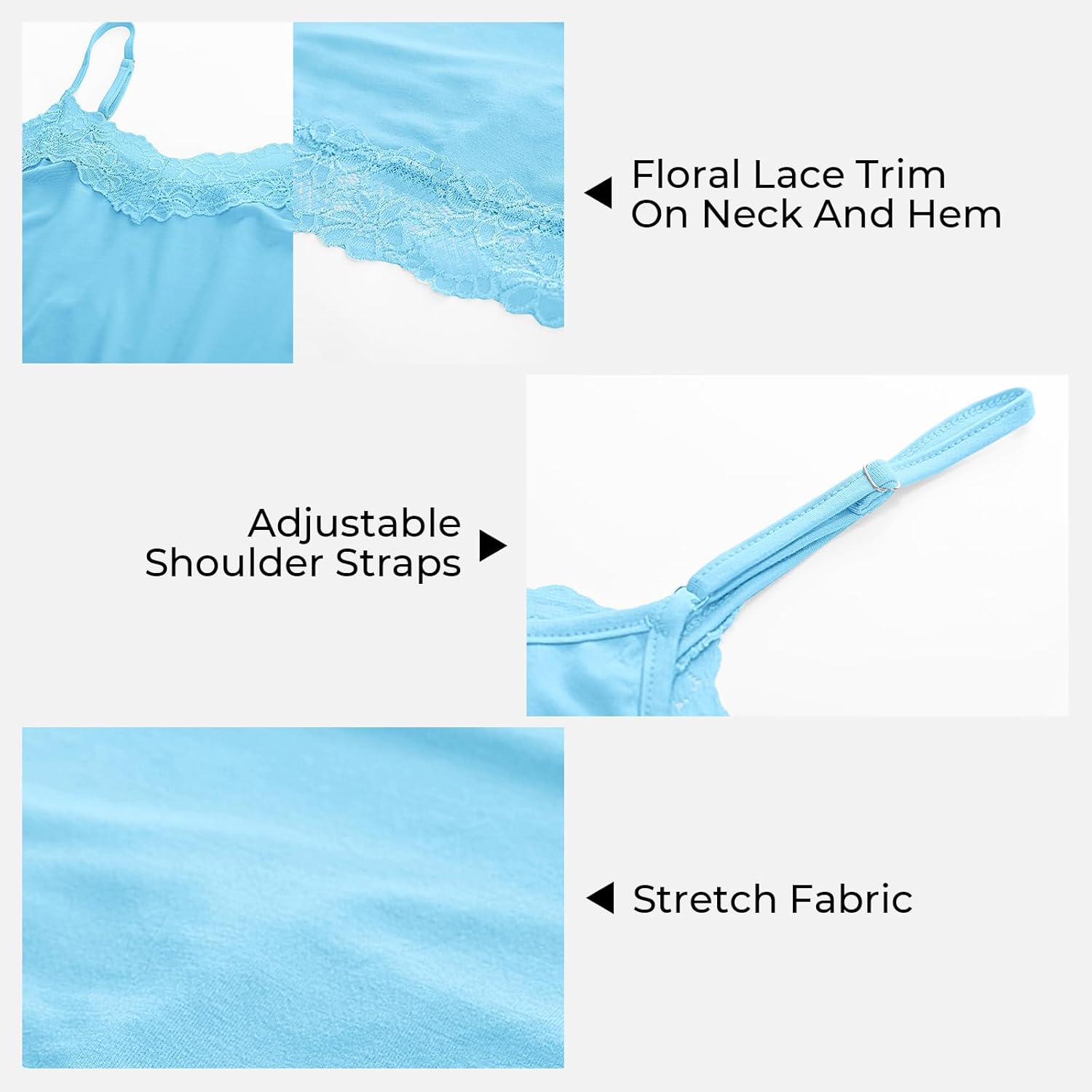 Kate Kasin Women's Adjustable Spaghetti Strap Lace Trim Cami Tunic Tank Top 3PACK - Image 4