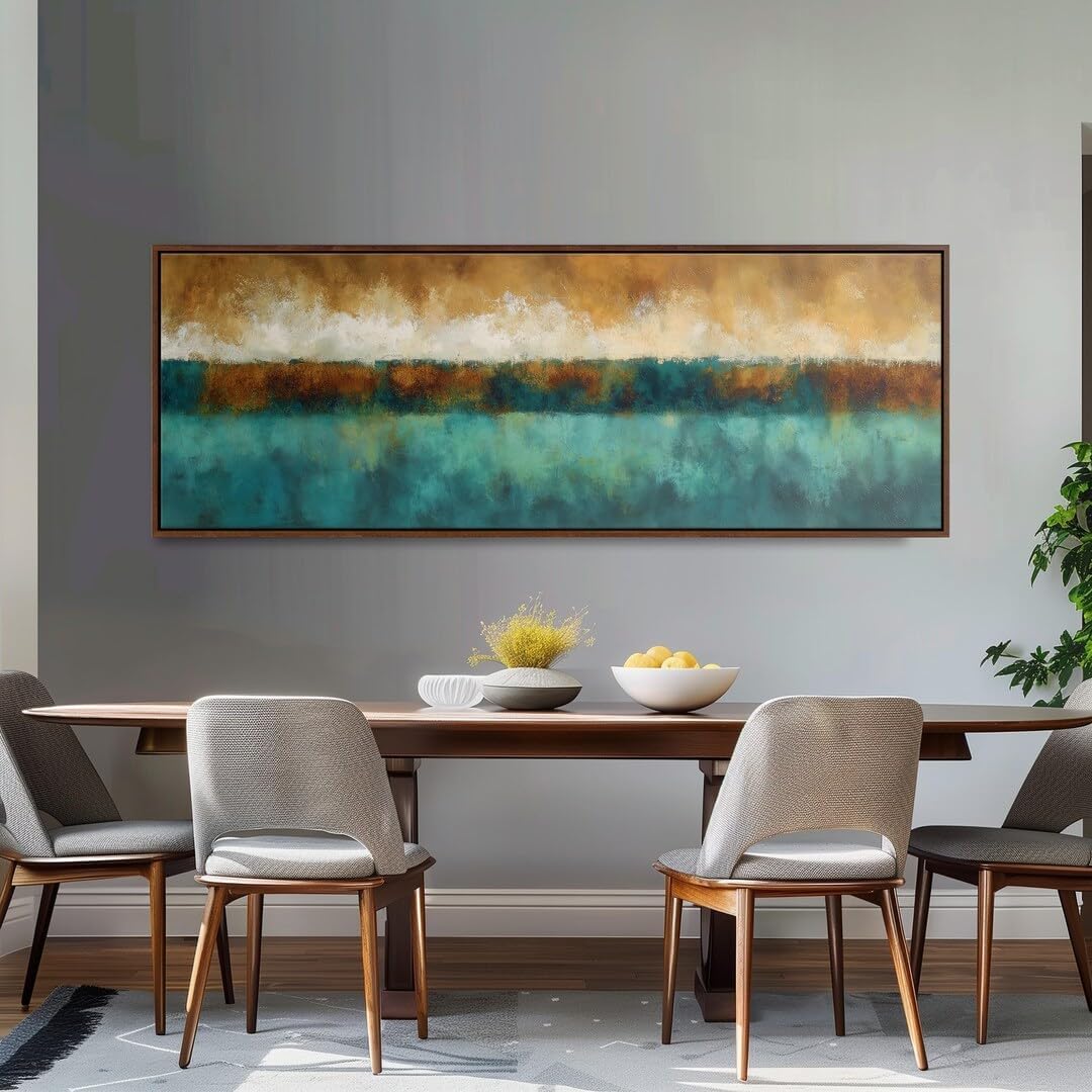 Cuadro verde azulado y dorado decorativo para salón, lámina de paisaje abstracto minimalista