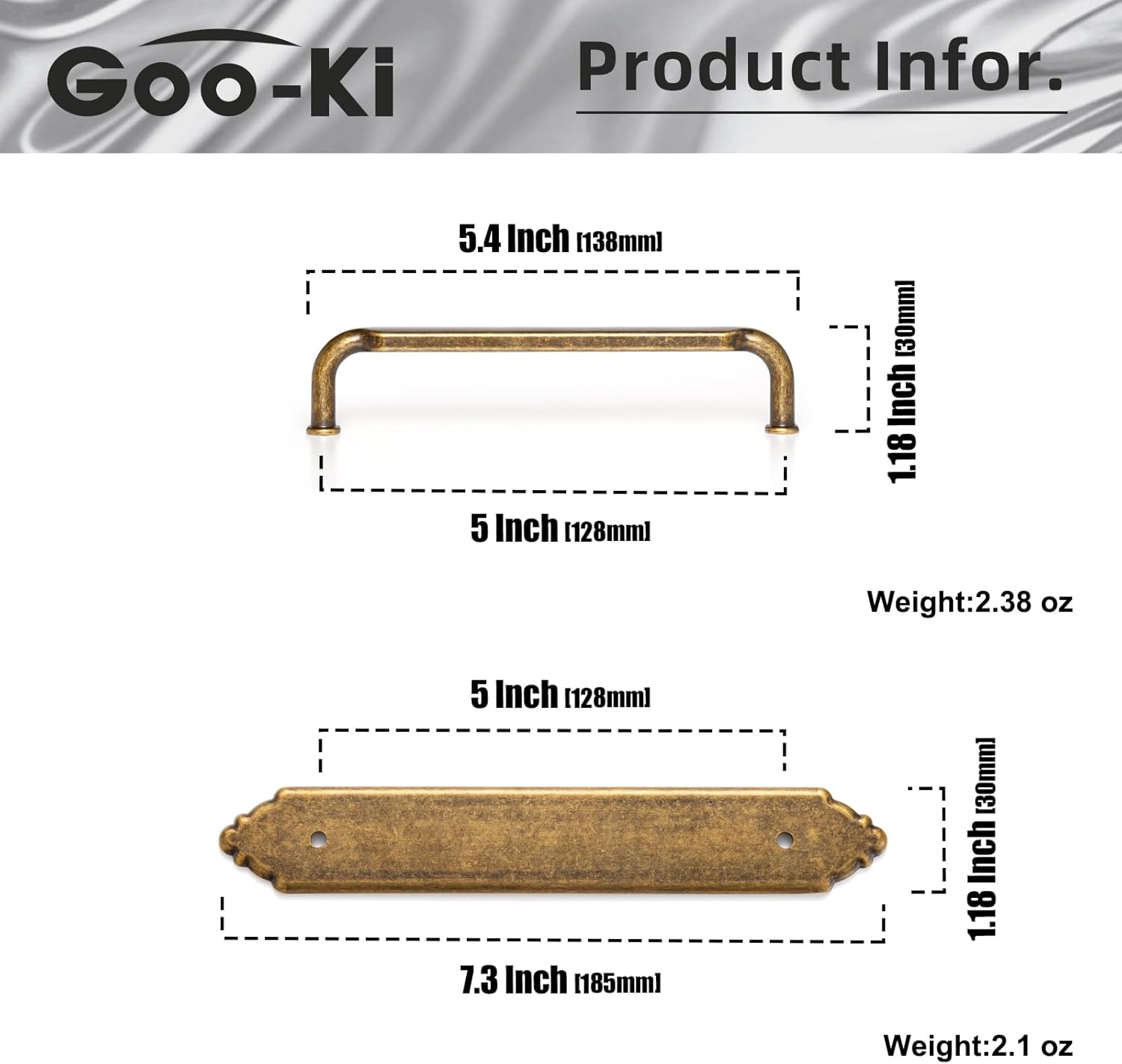 Goo-Ki 2 Pack Cabinet Pulls Handles with Back Plate Spacer, 5 Inch Hole Center Antique Brass Zinc Alloy Kitchen Hardware for Bar Drawer,2202-GT-128-G024