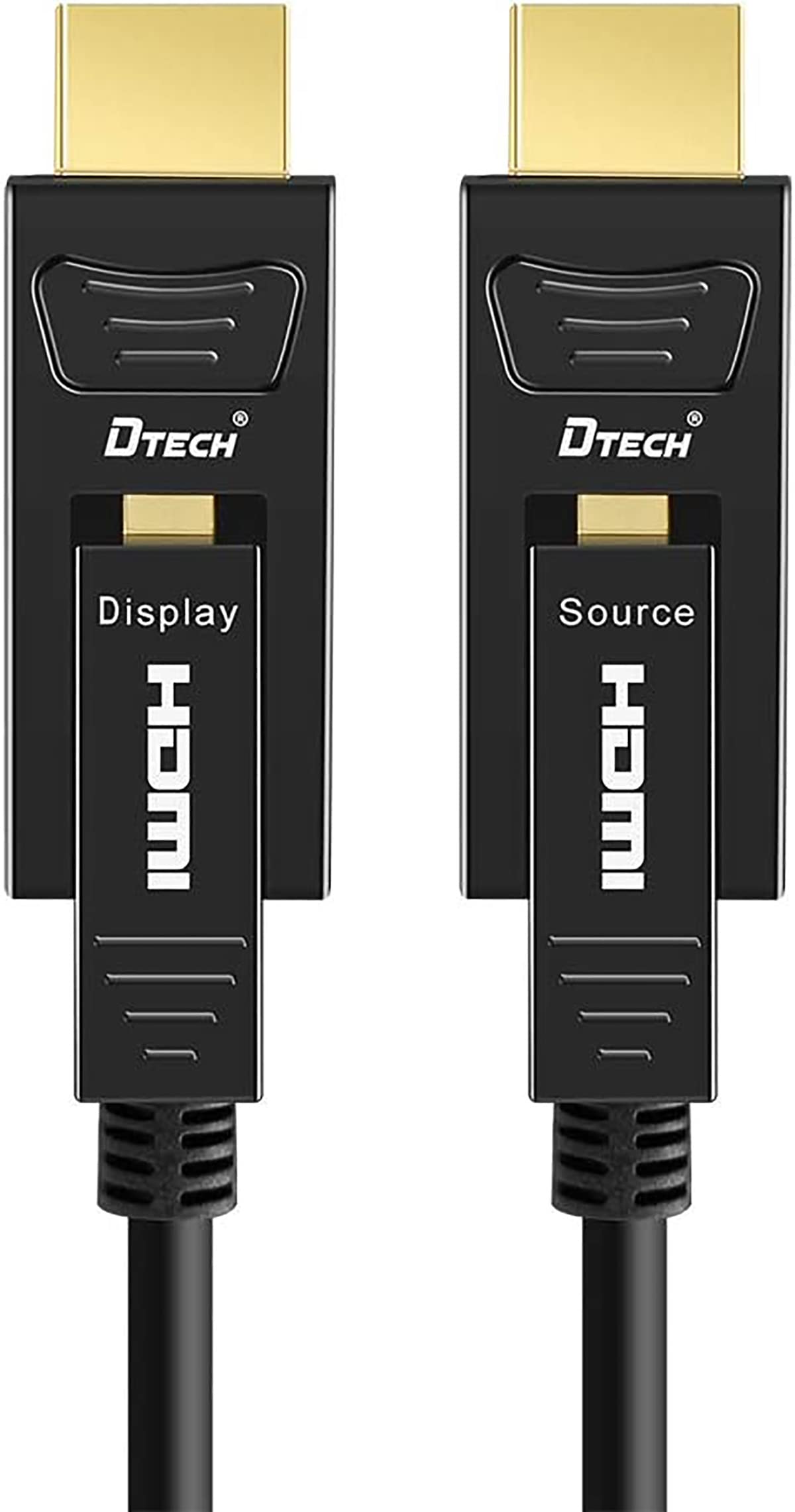 DTECH Cable HDMI de fibra óptica, 46 m, 4 K, 60 Hz, 444, 422, 420, croma, submuestreo, 18 Gbps, alta velocidad, con doble micro HDMI y conector HDMI estándar (negro, 150 pies)