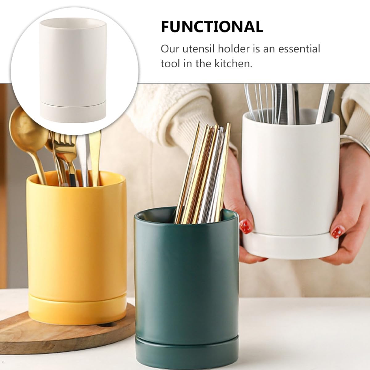 SHINEOFI Support à Baguettes en Céramique Blanche avec Base Égouttoir, Organisateur Cuisine pour Garder les Ustensiles Secs et Adaptés Micro-ondes