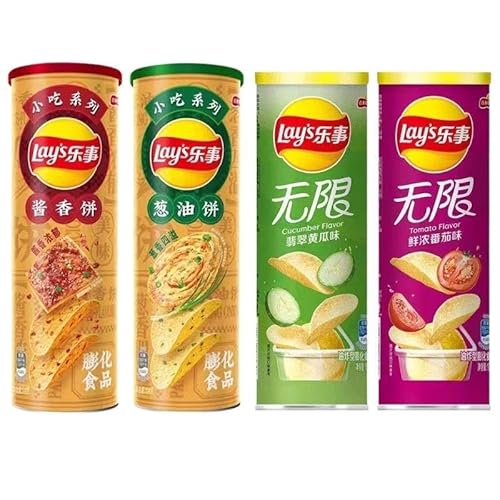 ?事/LAY'S ポテトチップス 楽事薯片 缶入り90g ×4種アソート きゅうり風味(翡翠黄瓜味薯片)+トマト味(??番茄味)+葱油餅味+醤香餅味 クラシックおやつ 缶型パック 仕事・オフィス向けおつまみ 膨化食品 定番スナックセット