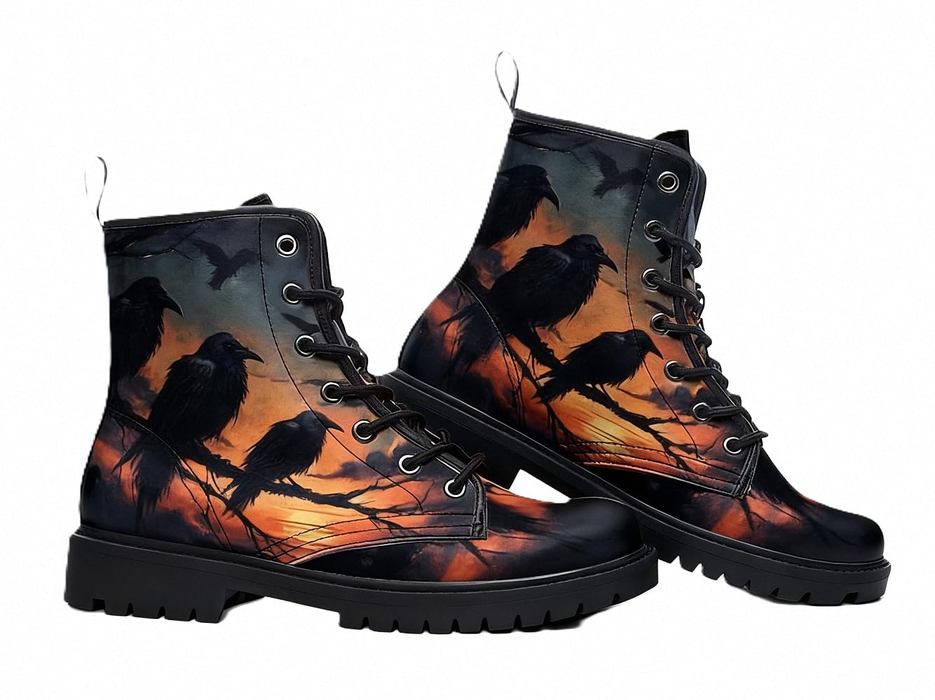 Damen-Stiefeletten mit Graffiti-Print - Motive Kürbis, Fledermäuse, Raben & Natur - Farbiges Plateau aus Leder - Für Alltag, Feste, Halloween & Weihnachten