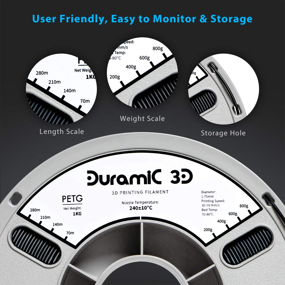DURAMIC 3D PETG Filament 1.75mm Black, 3D Printing Filament 1kg Spool(2.2lbs), Black Filament 1.75mm Dimensional Accuracy +/- 0.05 mm Non-Tangling Non-Clogging Non-Stringing : Industrial & Scientific