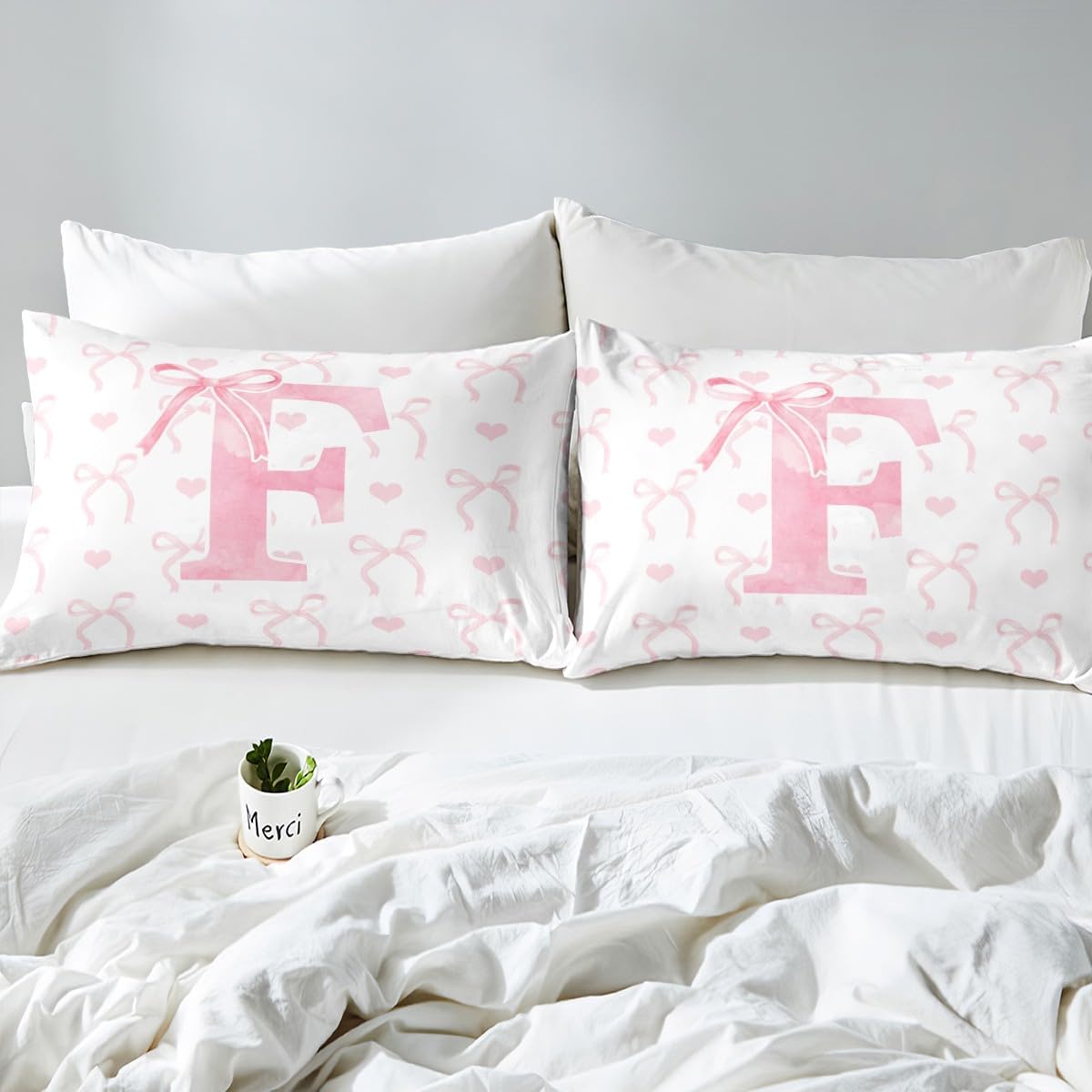 Erosebridal Kawaii Bowknot Comforter Set Twin Size, Dreamy Princess Pink Bow Bedding Set, Cute Initial Letter F Butterfly Knot Comforter for Girls Women Bedroom, Girly Love Heart Quilt